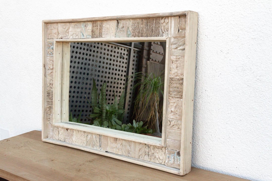 Carved Bleached Wood Tribal Mirror - 7