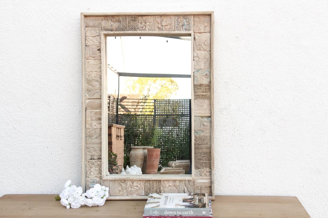 Carved Bleached Wood Tribal Mirror - 8