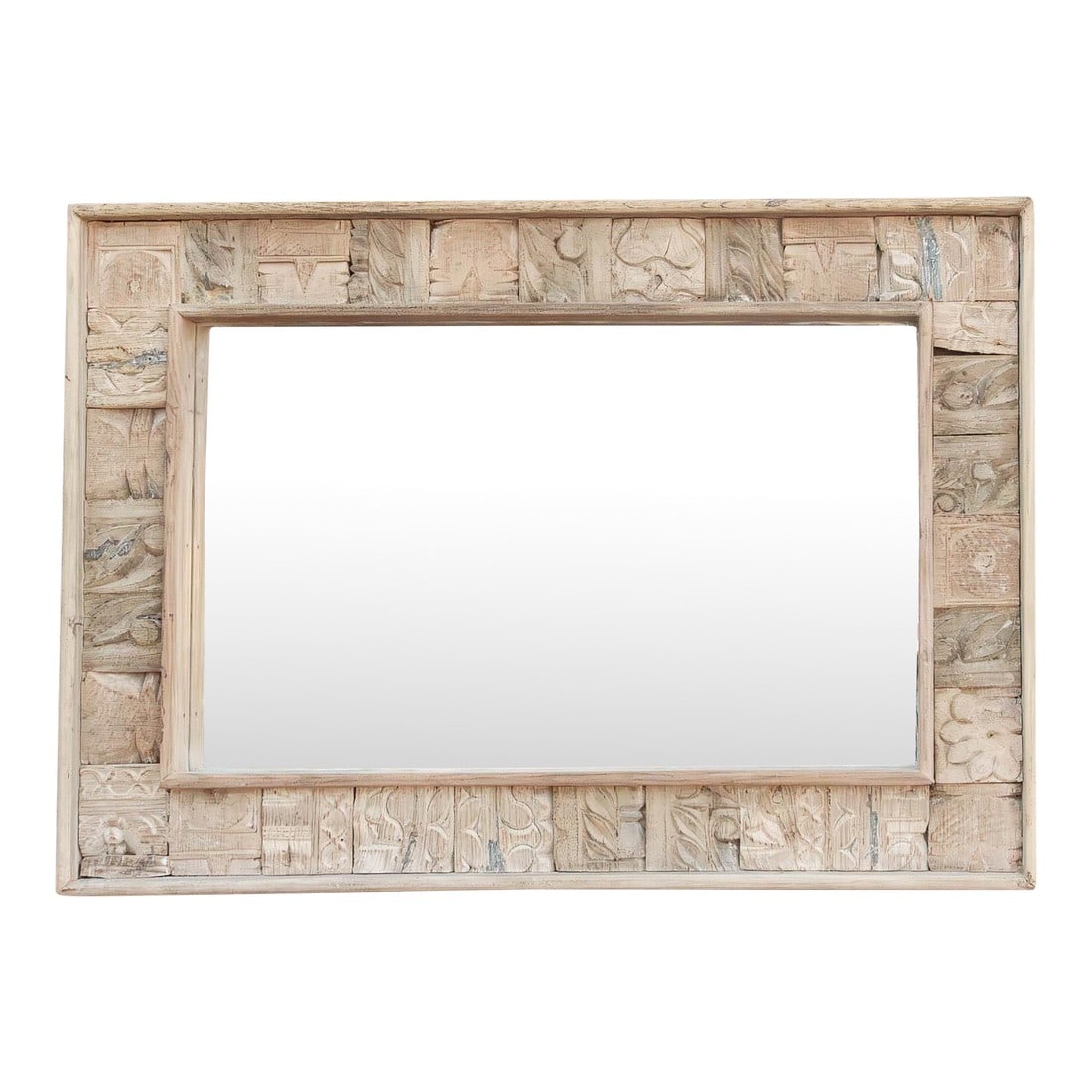 Rust Modern Farmhouse Carved Mirror: This mirror is a piece of history, re-imagined. Designed and hand-assembled by our de-cor team, it gives a second life to a collection of vintage architectural carvings that might otherwise have been