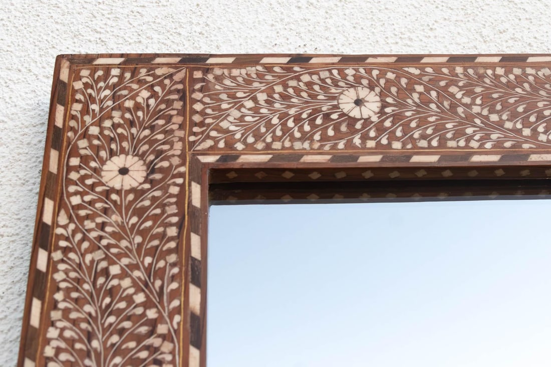 Grand Artisanal Floral Inlay Walnut Finish Mirror - 3