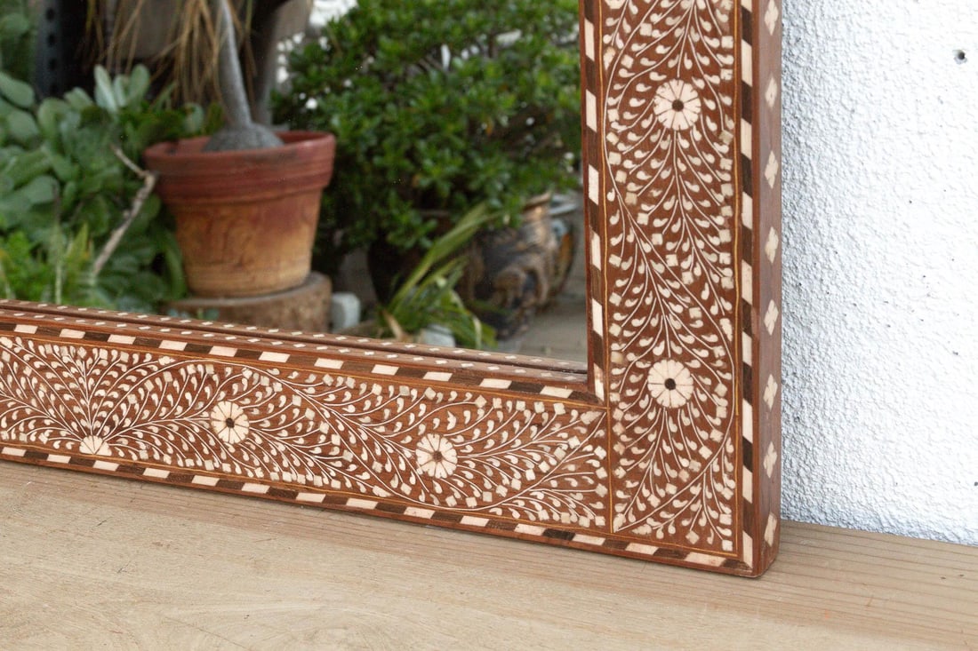 Grand Artisanal Floral Inlay Walnut Finish Mirror - 4