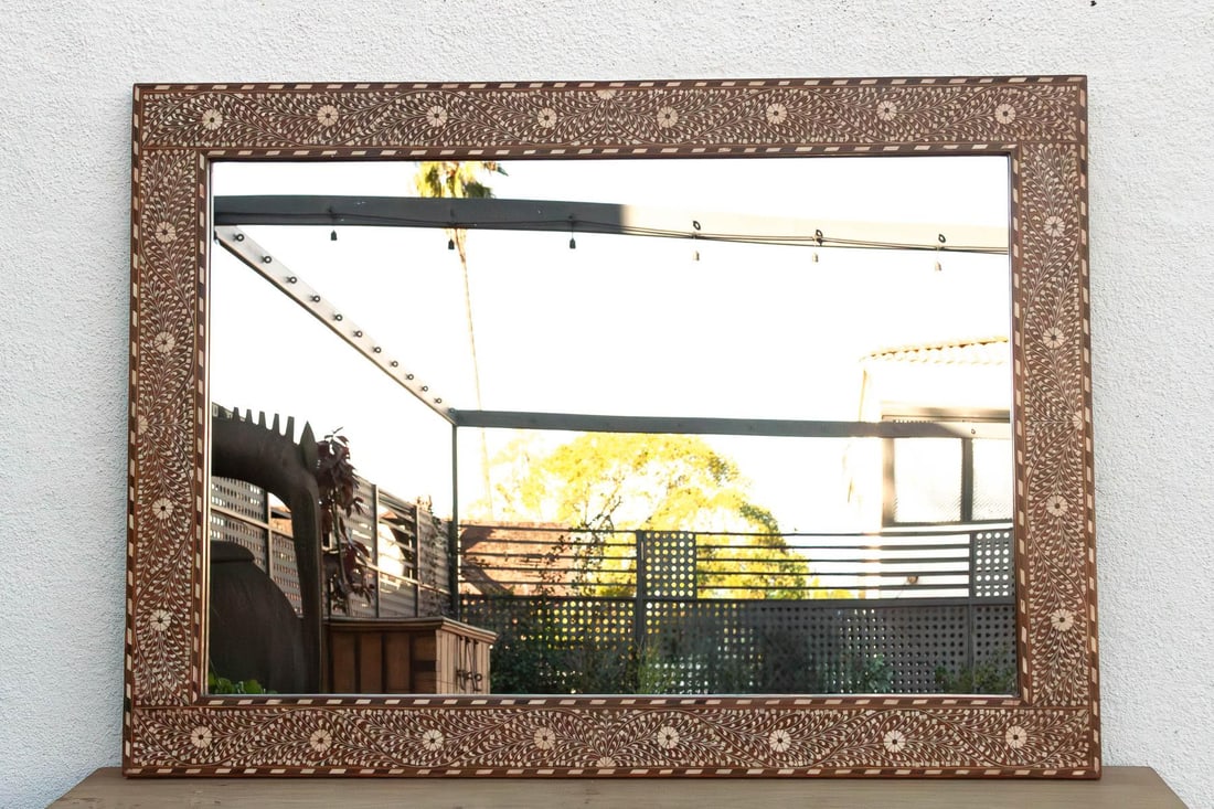 Grand Artisanal Floral Inlay Walnut Finish Mirror - 5