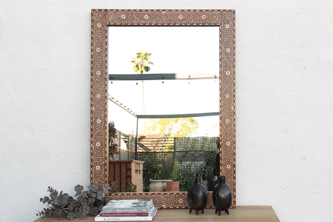 Grand Artisanal Floral Inlay Walnut Finish Mirror - 6