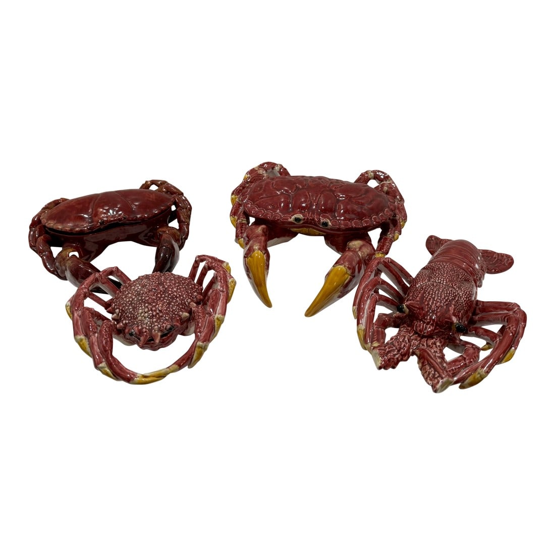 Vintage Majolica-Style Sea Creature Tureens – Crab and Lobster Ceramic Sculptures - Set of: Vivid and sculptural group of four vintage majolica-style sea creature tureens, including a large crab, medium a smaller crab, and a lobster. Hand-painted in rich coral red with yellow and ivory