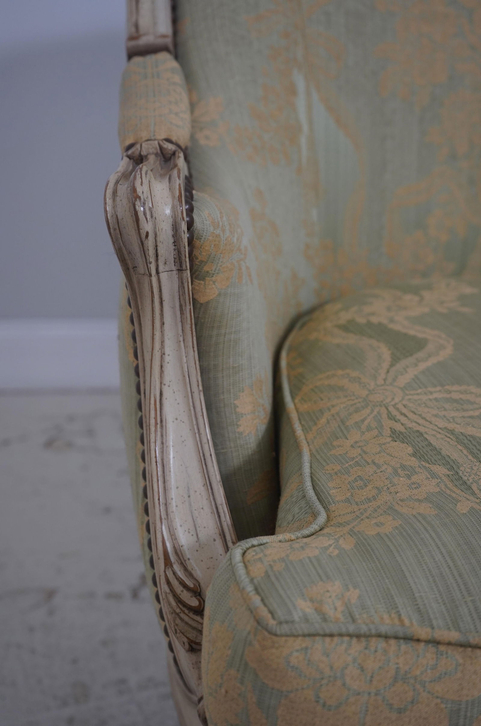 Pair Baker French Louis XV Damask Upholstered Bergere Chairs - 13