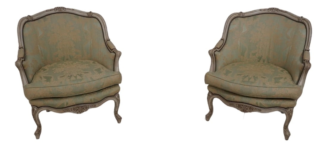 Pair Baker French Louis XV Damask Upholstered Bergere Chairs: Age: Approx: 20 Years Old Details: Factory Distressed Painted Finish Frames Down Seat Cushion Fine Carved Details High Quality Construction French Style Green & Gold Damask Upholstery Tack Head