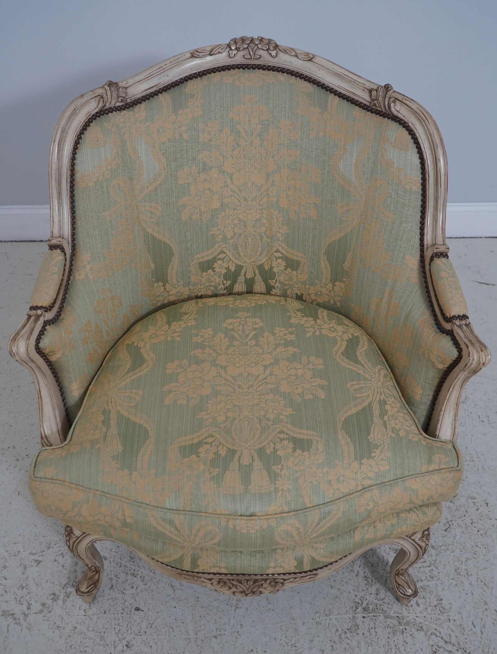 Pair Baker French Louis XV Damask Upholstered Bergere Chairs - 2