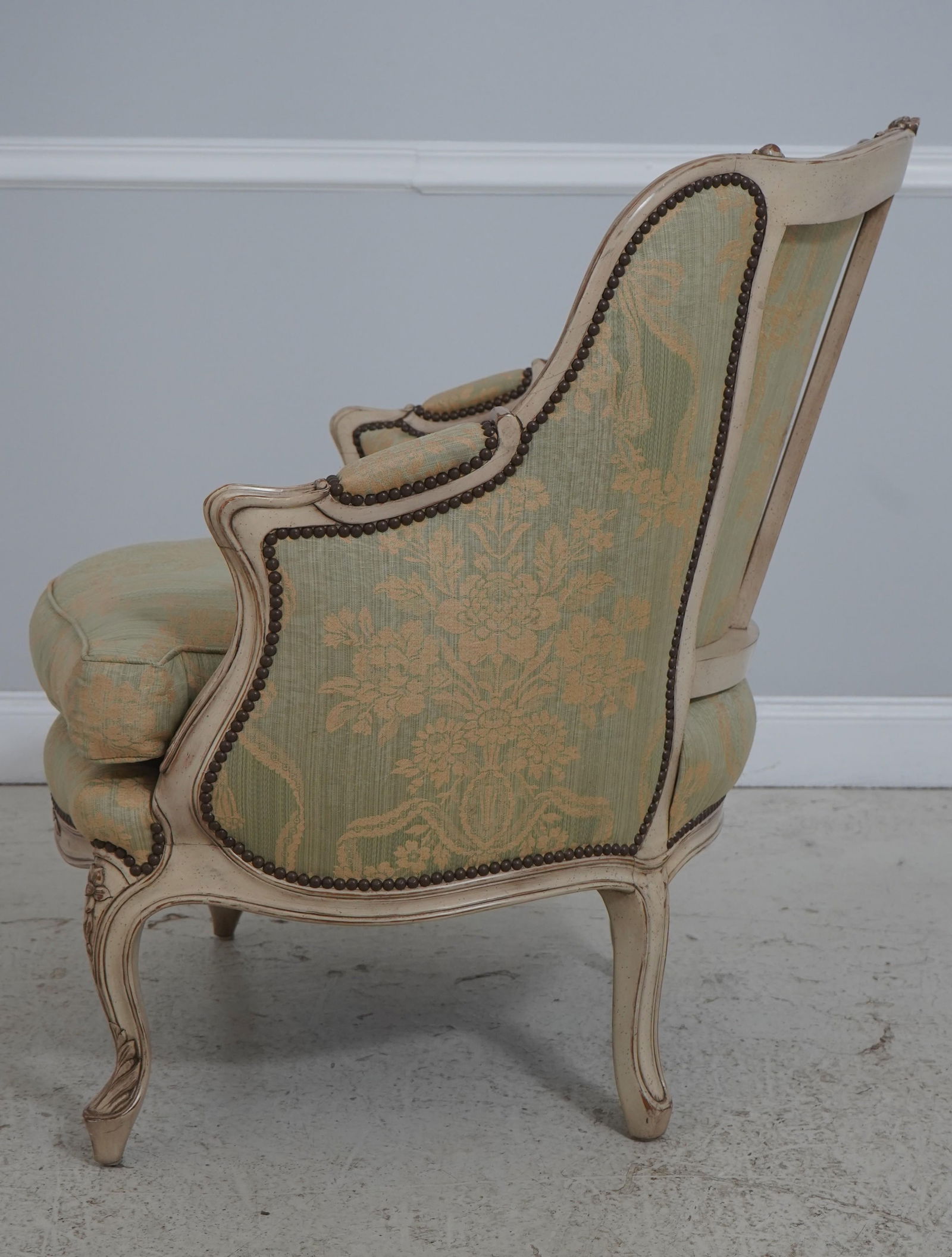 Pair Baker French Louis XV Damask Upholstered Bergere Chairs - 3