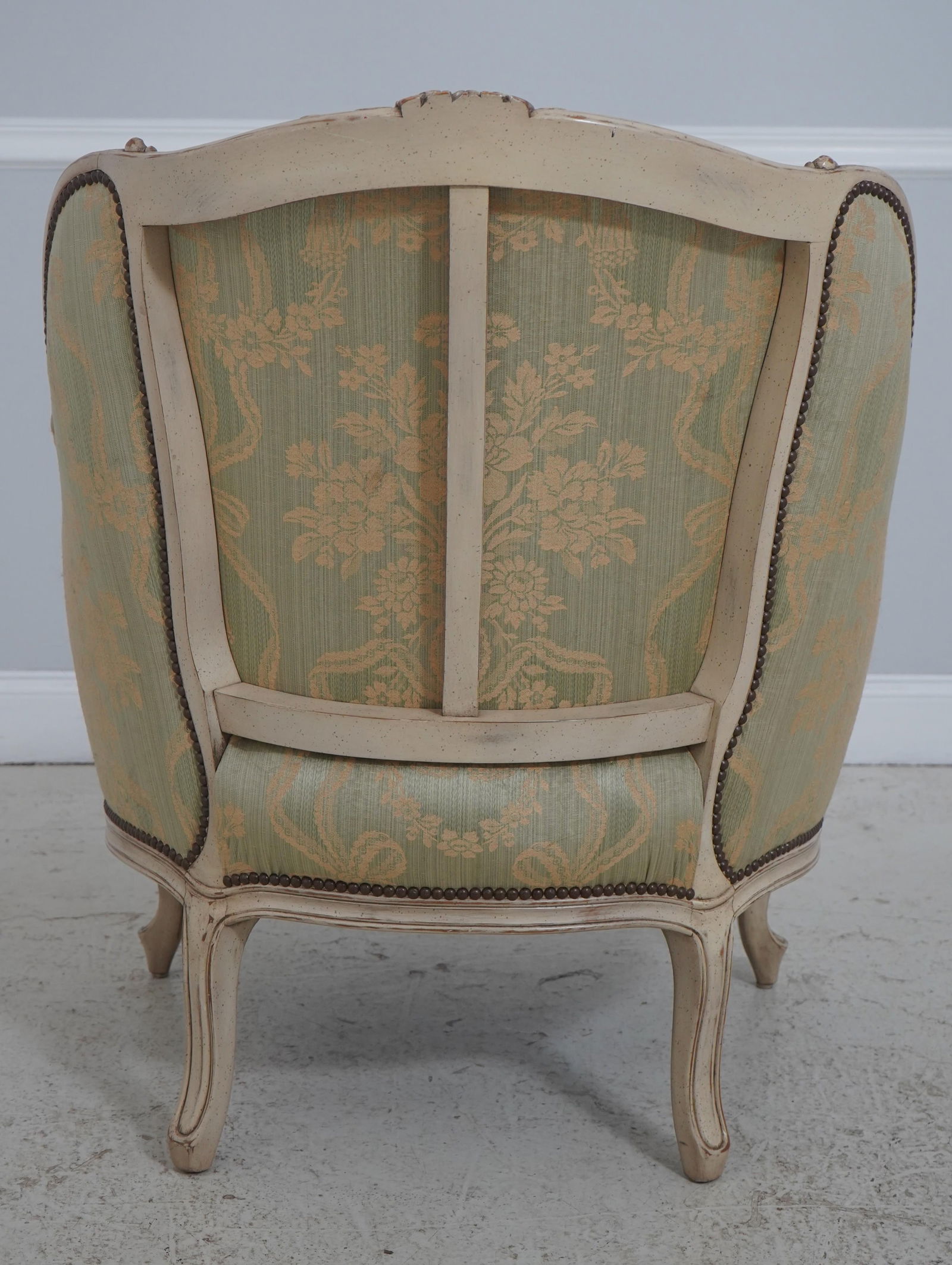 Pair Baker French Louis XV Damask Upholstered Bergere Chairs - 4