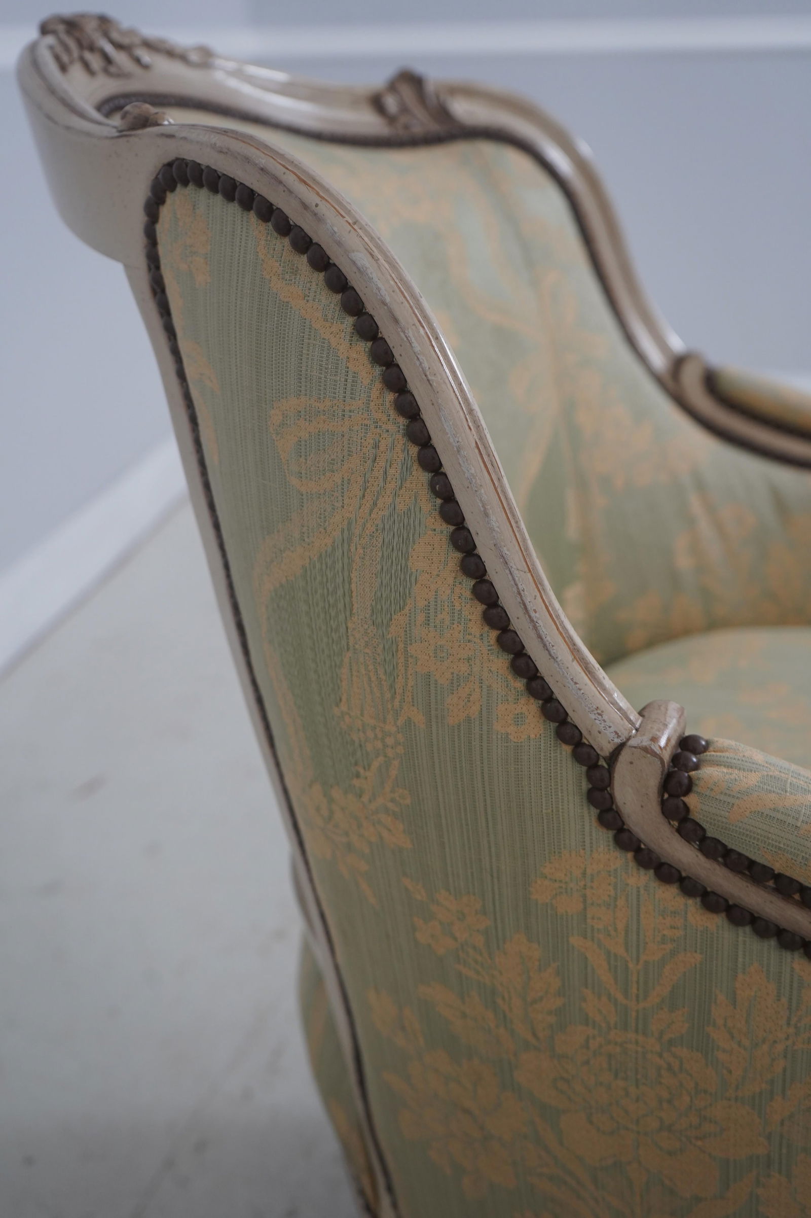 Pair Baker French Louis XV Damask Upholstered Bergere Chairs - 8