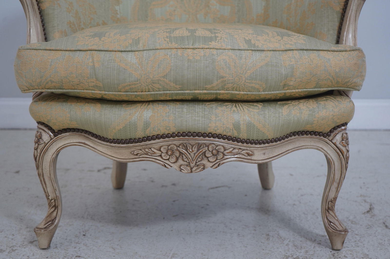 Pair Baker French Louis XV Damask Upholstered Bergere Chairs - 9