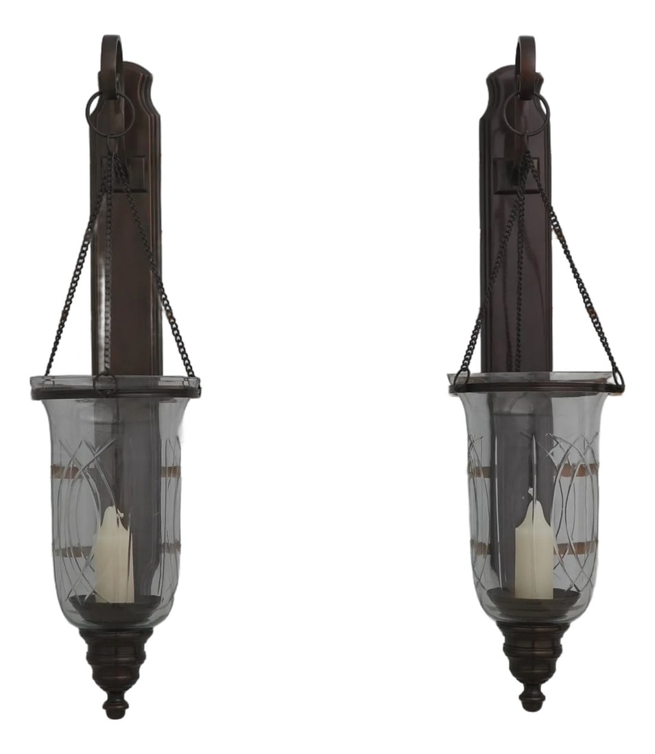 1980s Pair Bronze Wall Mounted Crystal Shade Candleabras: Age: Approx: 30 Years Old Details: High Quality Construction Traditional Style Quality Brass Or Bronze Etched Crystal Globes Condition: Excellent Original Finish & Condition Size: 6w x 8.5d x 25h