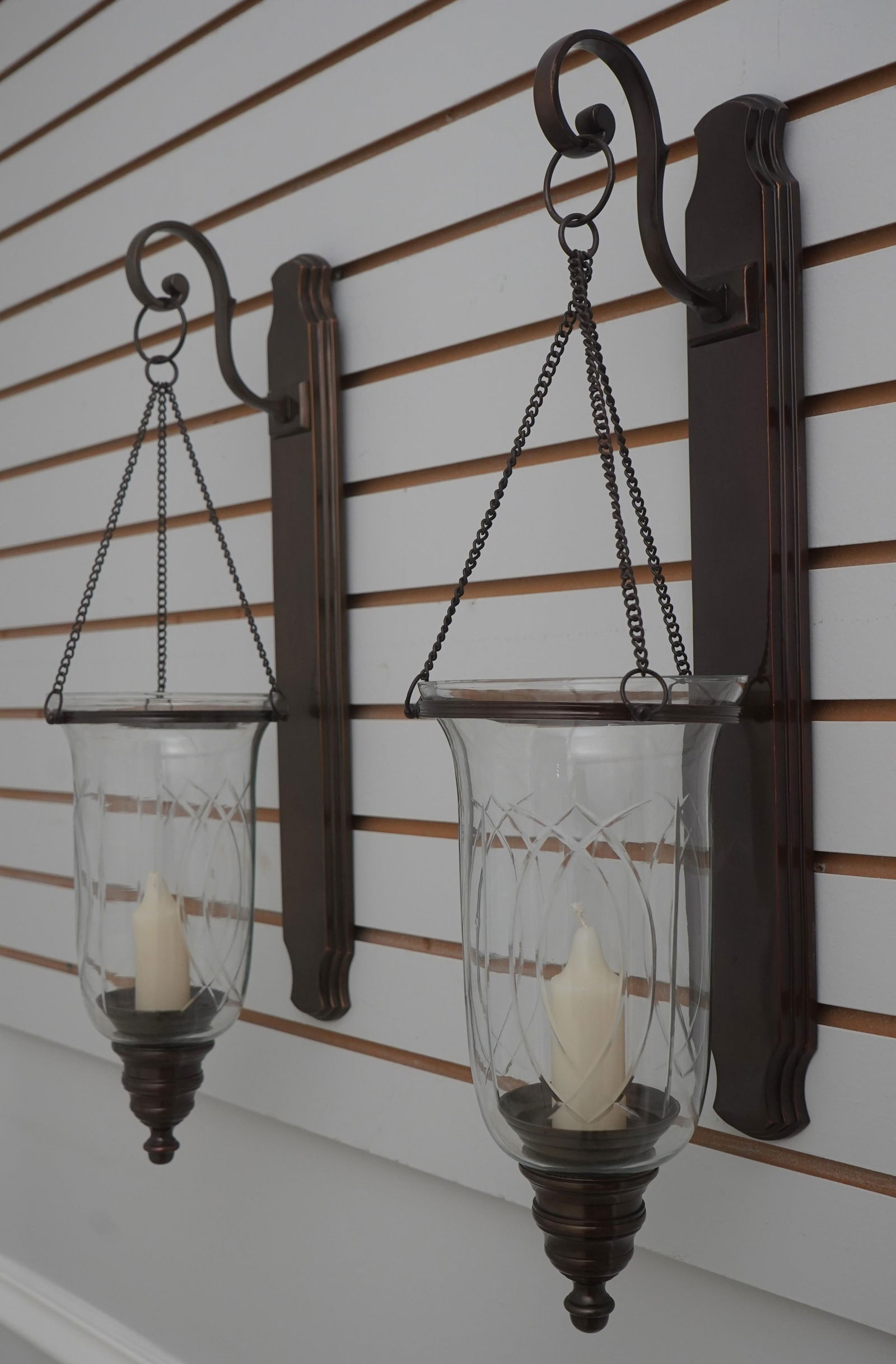 1980s Pair Bronze Wall Mounted Crystal Shade Candleabras - 2