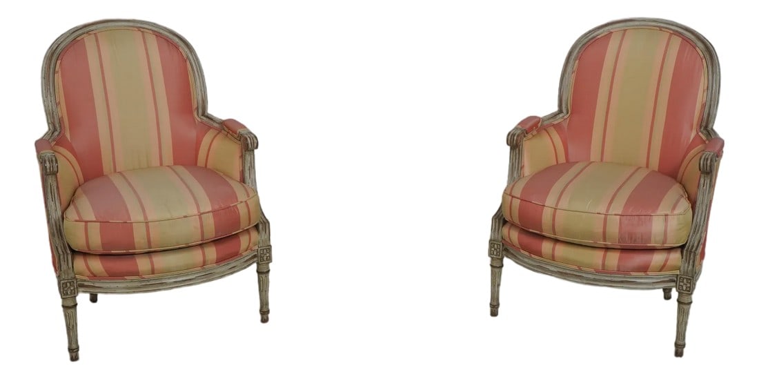 Pair Baker French Louis XVI Upholstered Bergere Chairs: Age: Approx: 20 Years Old Details: High Quality Construction French Style Nice Paint Decorated Finish Overall Clean Quality Silk Blend Striped Upholstered Offered @ Fraction Original Retail Cost 
