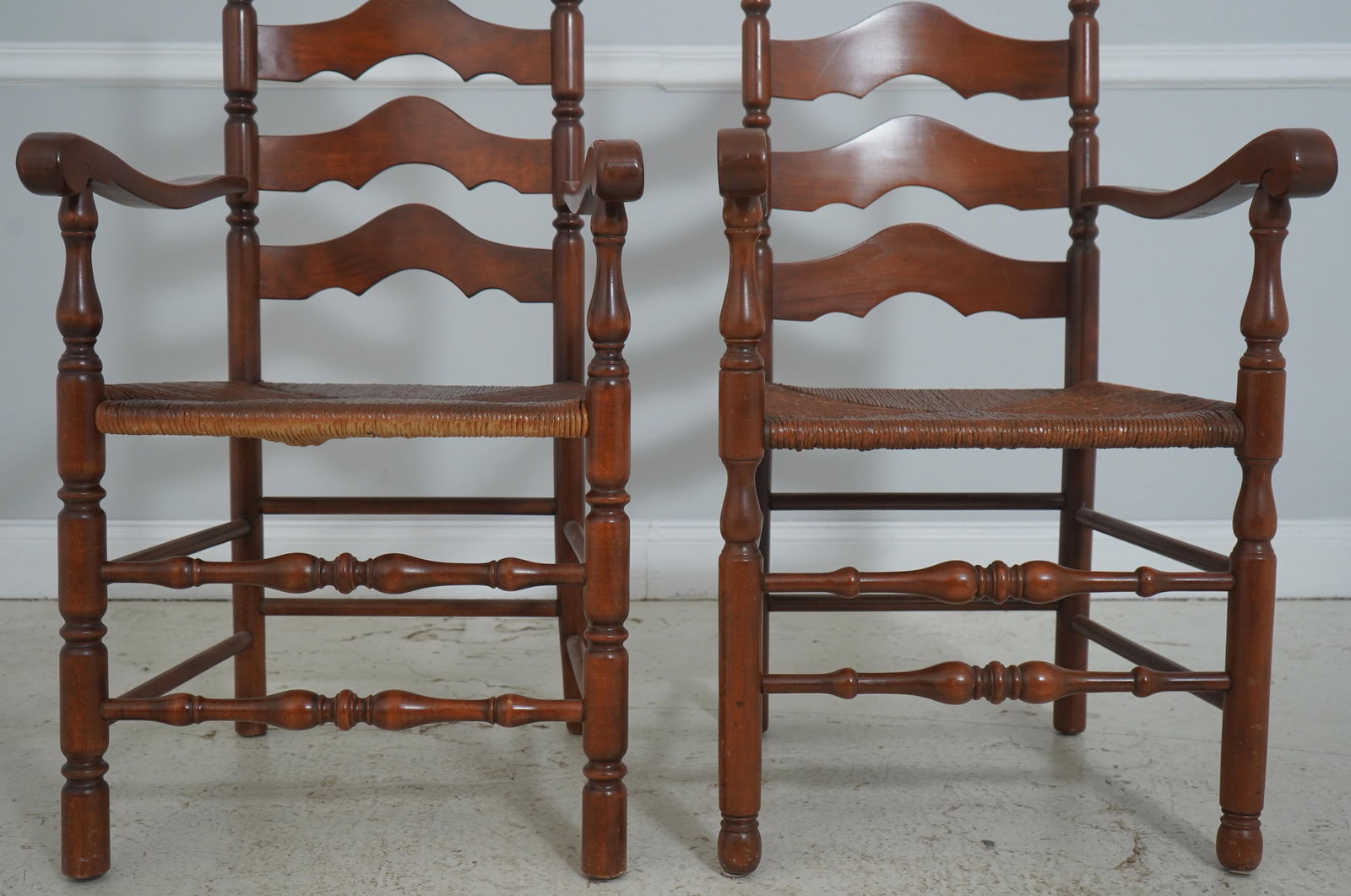 Pair Cherry Ladder Back Style Rush Seat Armchairs - 11