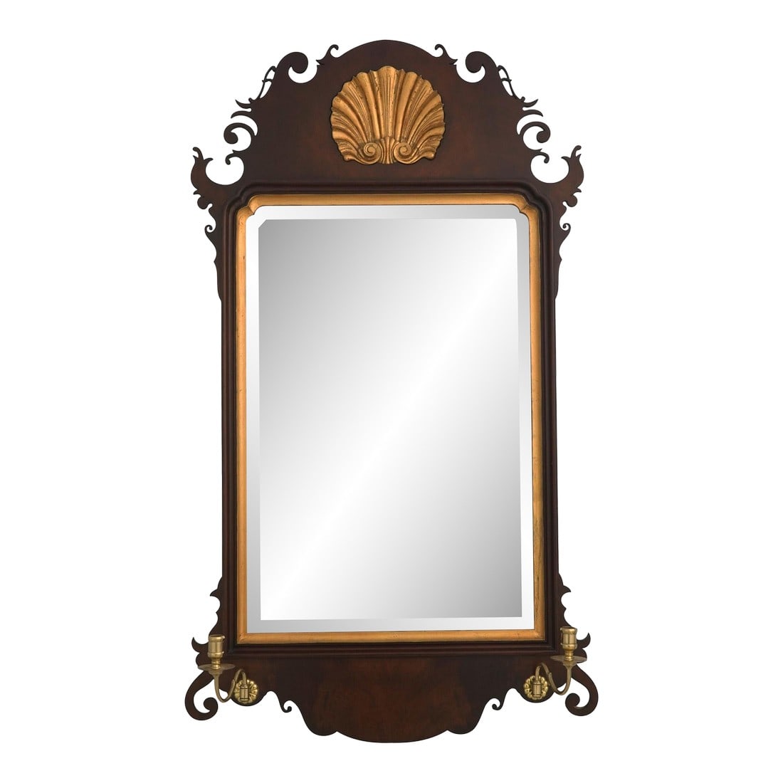 Southampton 18th C. Style Chippendale Mahogany Mirror: Age: Approx: 30 Years Old Details: Gold Gilt Accents Beveled Glass High Quality Construction 18 C. Design Chippendale Style Brass Candle Sconces Traditional Style Offered @ Fraction Original Retail