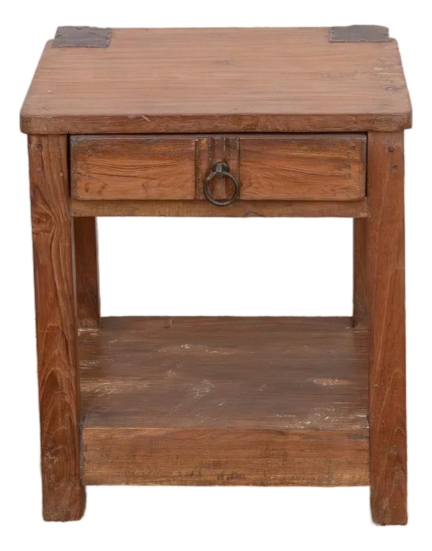 Small Antique Colonial Teak End Table: This antique colonial tea table harkens back to an era of practical, sturdy craftsmanship. Originally likely used as a small utility stand in a British Colonial bungalow or tea plantation office, it