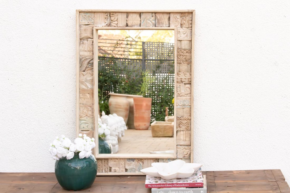 Bleached Carved Wood Mosaic Mirror - 2