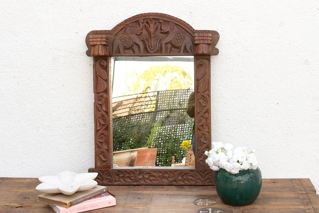 Dark Walnut Finish Tribal Carved Mirror - 2