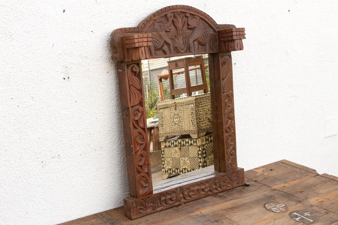 Dark Walnut Finish Tribal Carved Mirror - 4