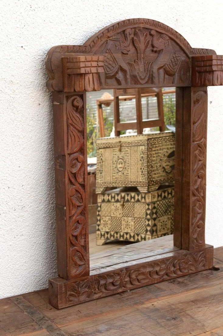 Dark Walnut Finish Tribal Carved Mirror - 5