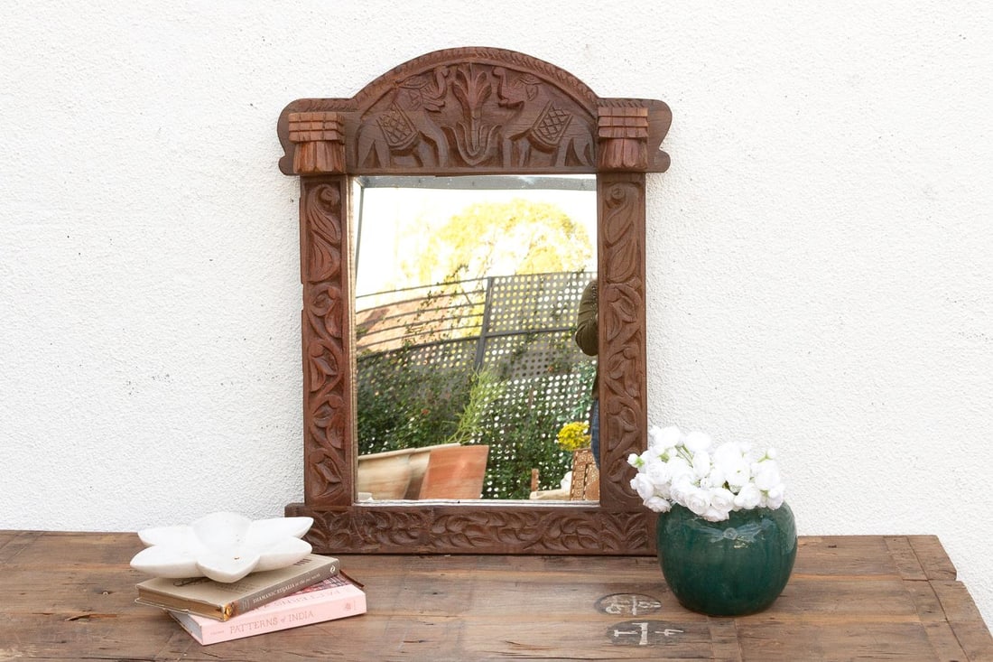 Dark Walnut Finish Tribal Carved Mirror - 6