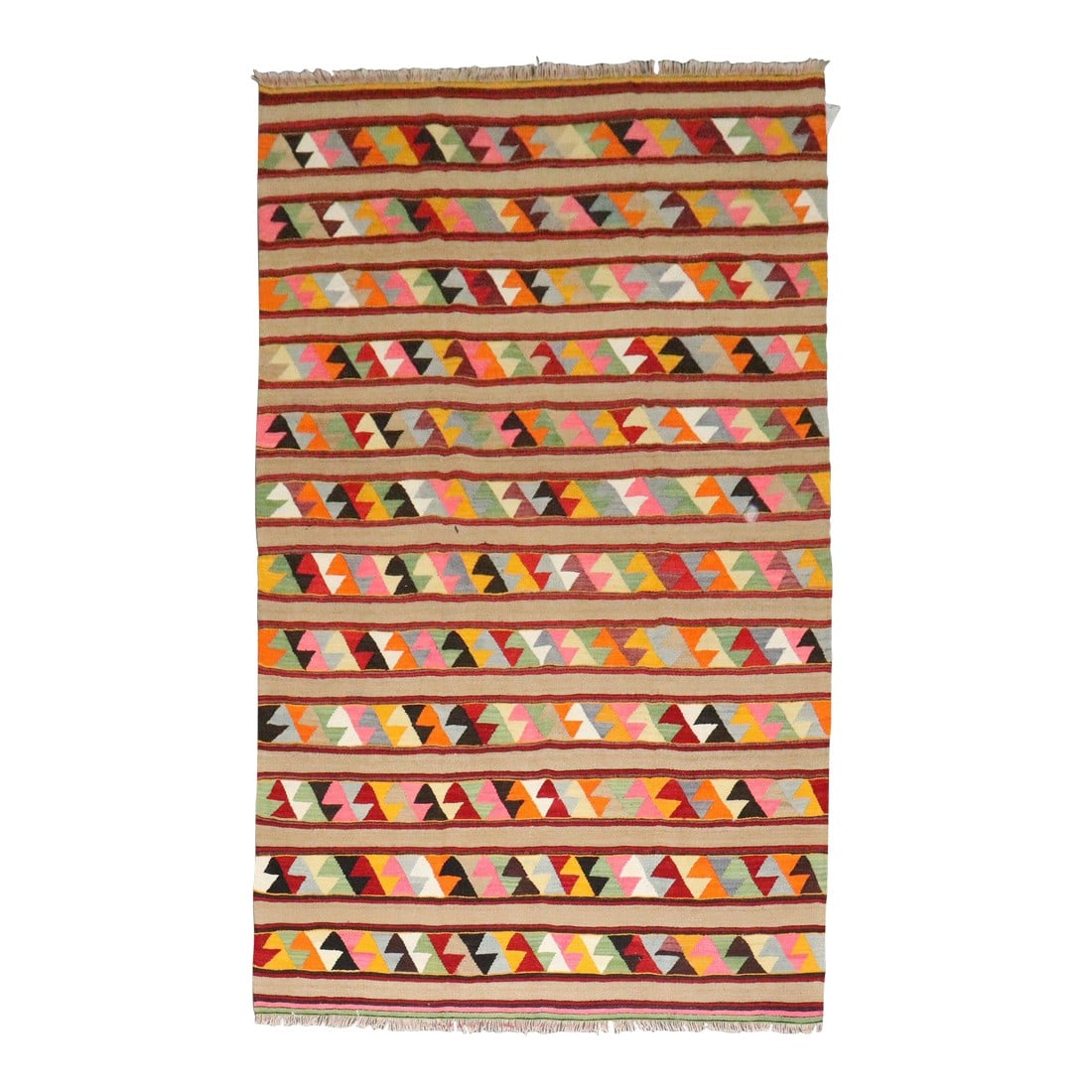 Colorful Vintage Turkish Kilim, 5'5'' X 8'11'': a mid 20th century Turkish Flatweave Colorful Kilim 5'5'' x 8'11'' Condition: Alterations: Original Condition Unaltered Imperfections: Some Imperfections Condition Notes: good overall condition 