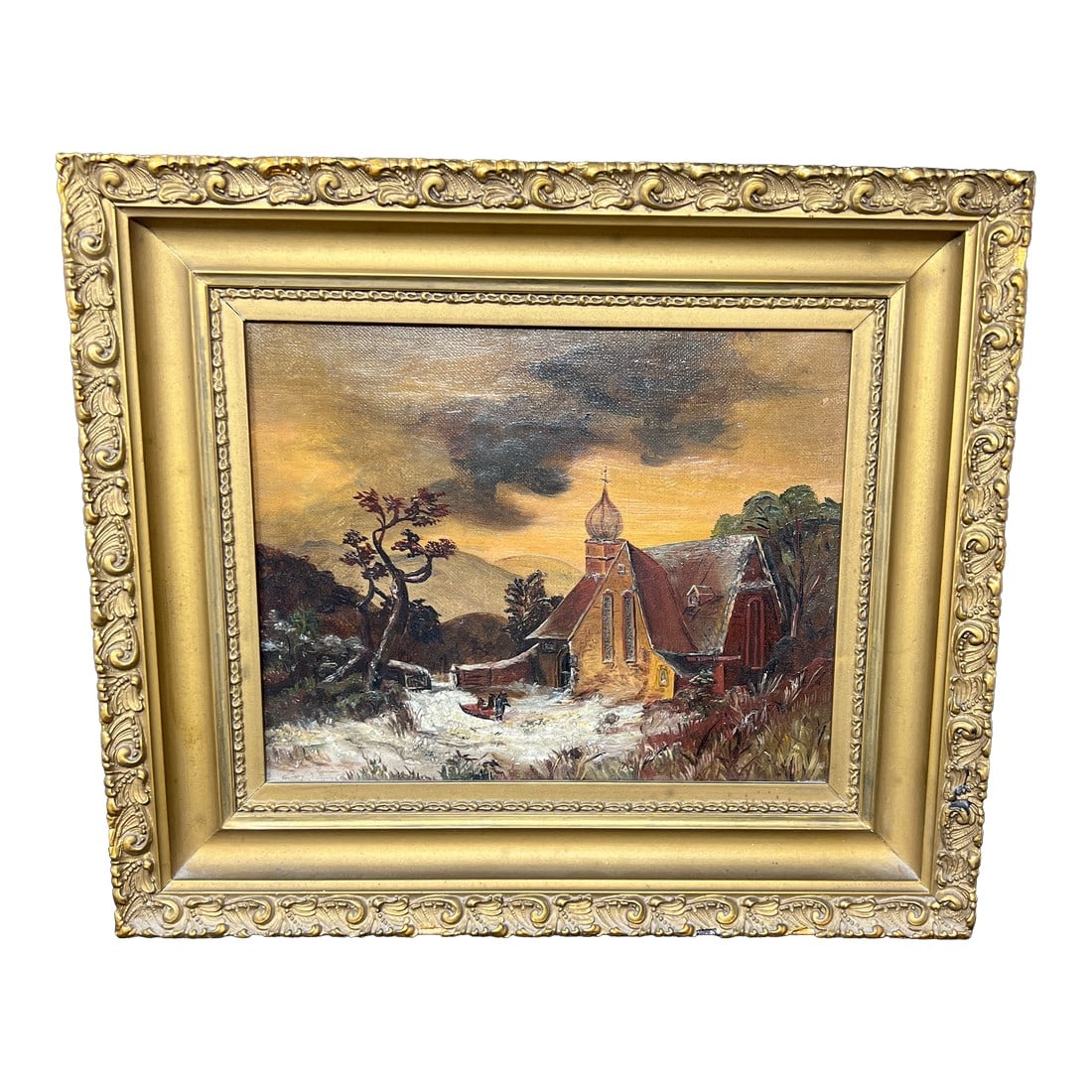 Antique European Winter Church Landscape Oil Painting in Gilt Frame, C. 1890: late 19th-century European oil painting depicting a snow-covered village church beneath a dramatic winter sky. Warm architectural tones contrast softly with the surrounding landscape, rendered in