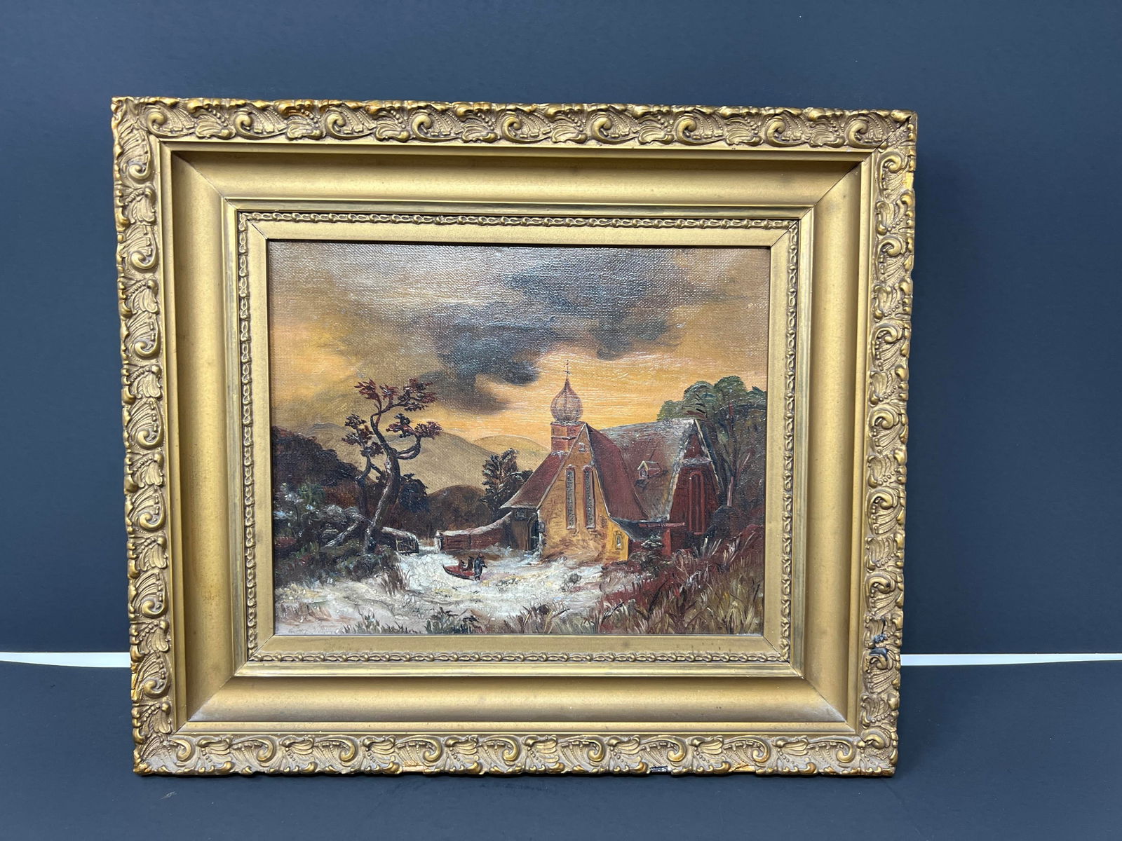 Antique European Winter Church Landscape Oil Painting in Gilt Frame, C. 1890 - 2
