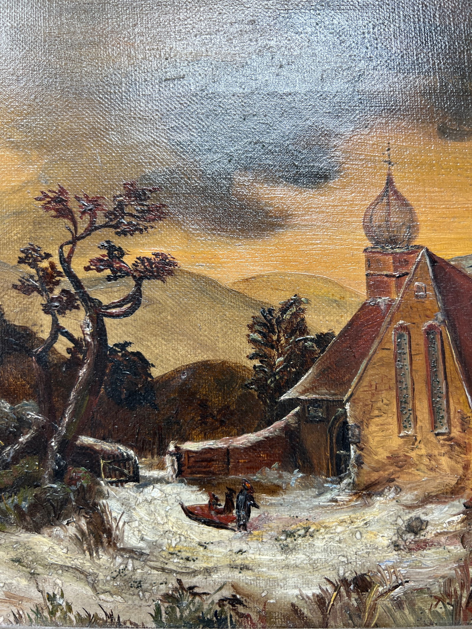 Antique European Winter Church Landscape Oil Painting in Gilt Frame, C. 1890 - 5