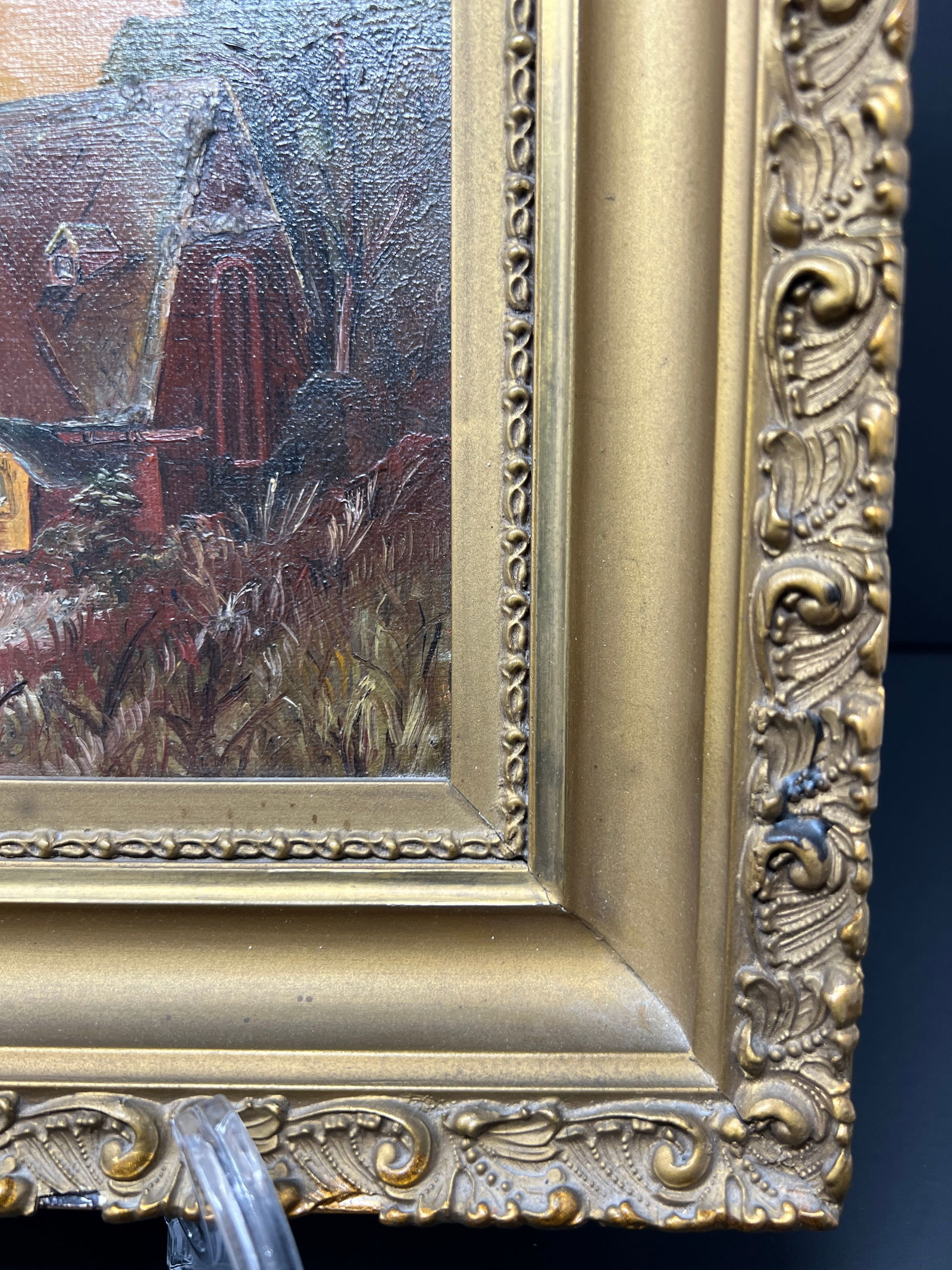 Antique European Winter Church Landscape Oil Painting in Gilt Frame, C. 1890 - 6