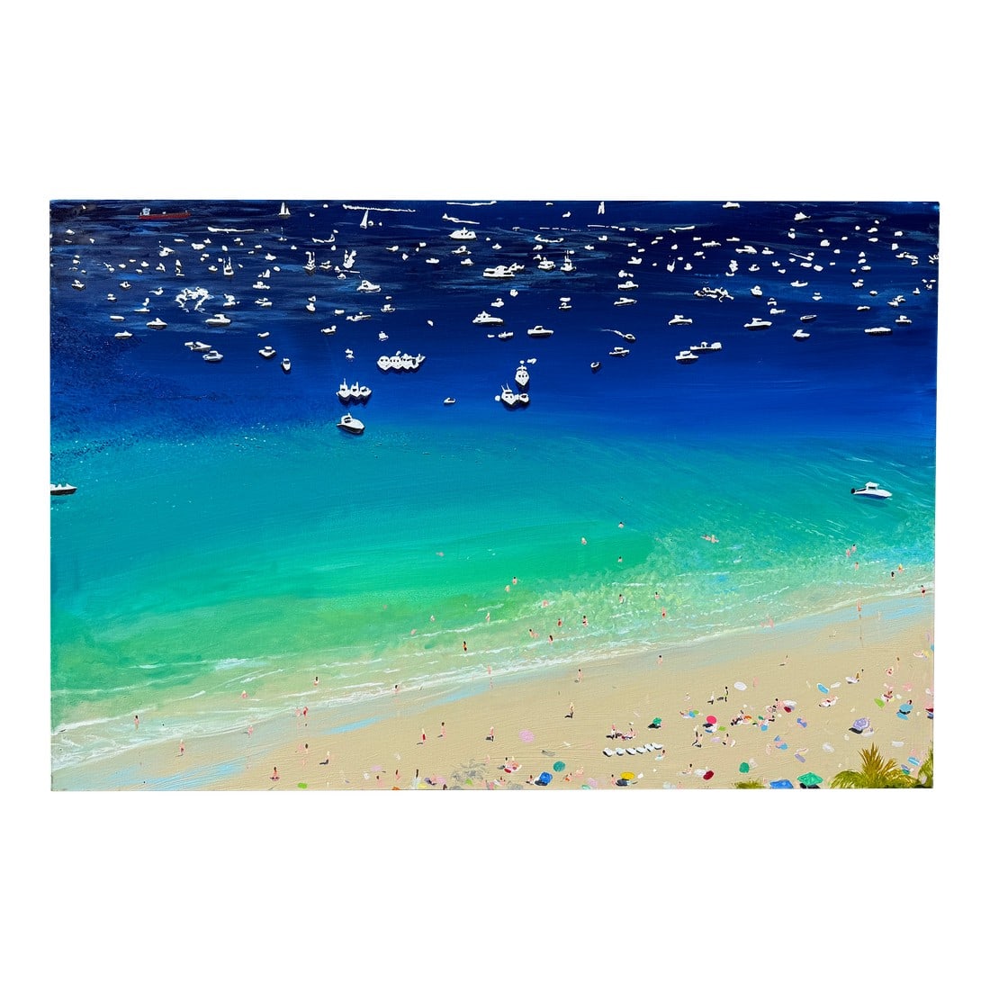 Florida Boat Day Acrylic on Canvas by Joe Davis: Stunning and very large boat day in front of a beach. Florida beach life scene. Vivid colors and catching human figures. Acrylic on canvas by Joe Davis. Painting is unsigned. Joe Davis is a painter,
