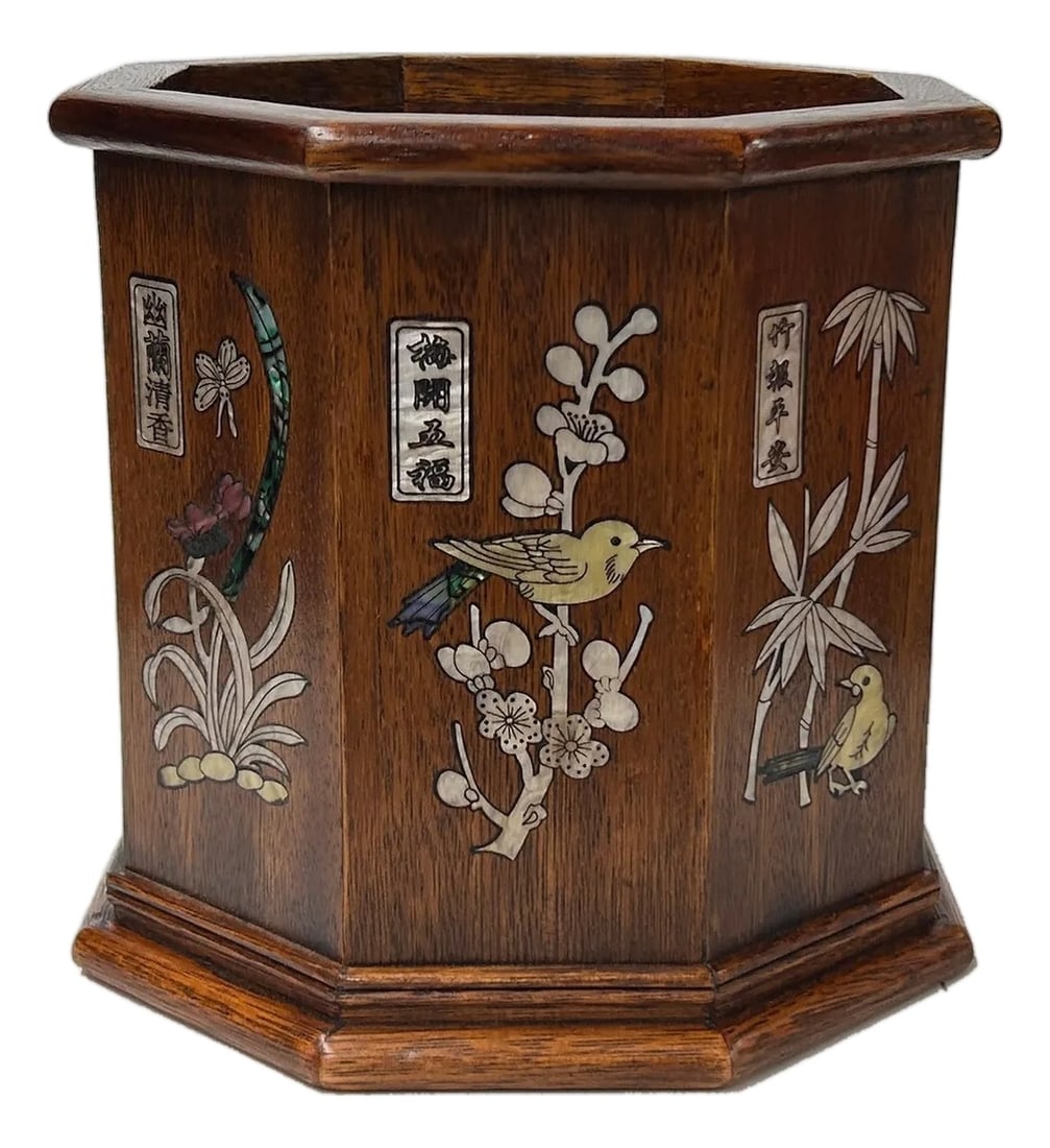 Chinese Brown Natural Patina Mother of Pearl Brush Pen Holder Art: This vintage octagonal wood pot holder features a rich, dark brown finish that beautifully highlights the natural grain of the wood. Each of its eight panels is meticulously adorned with intricate