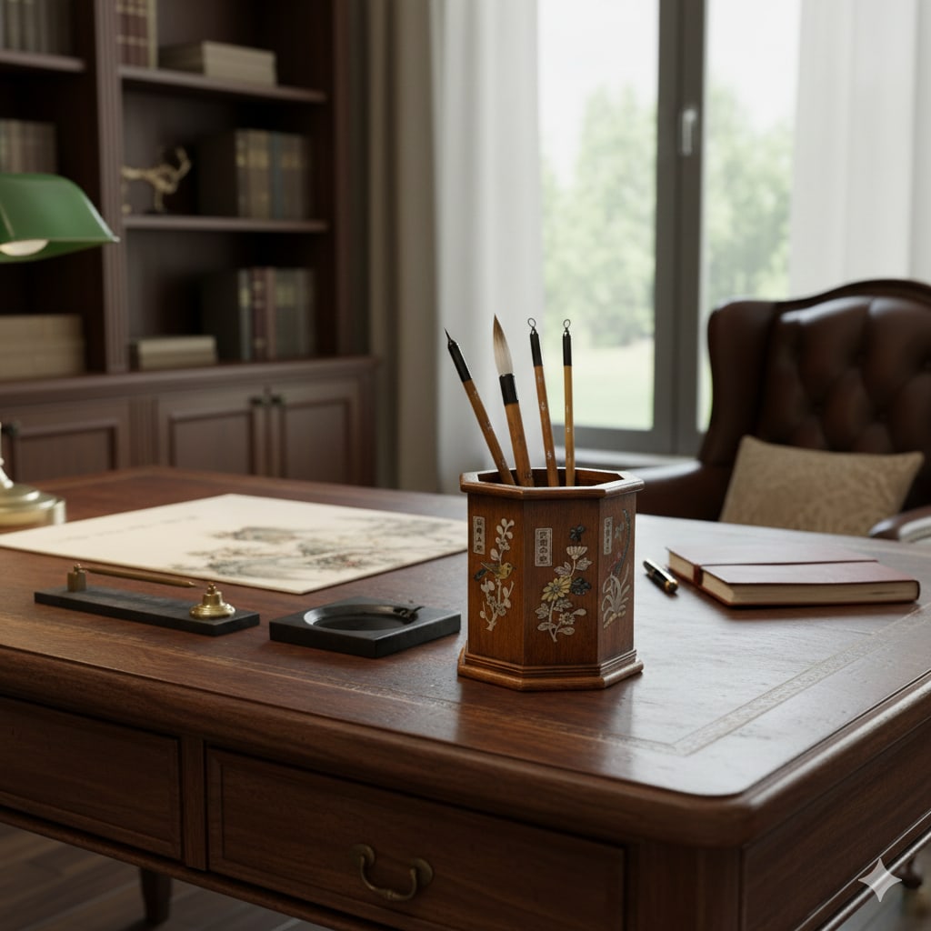 Chinese Brown Natural Patina Mother of Pearl Brush Pen Holder Art - 4