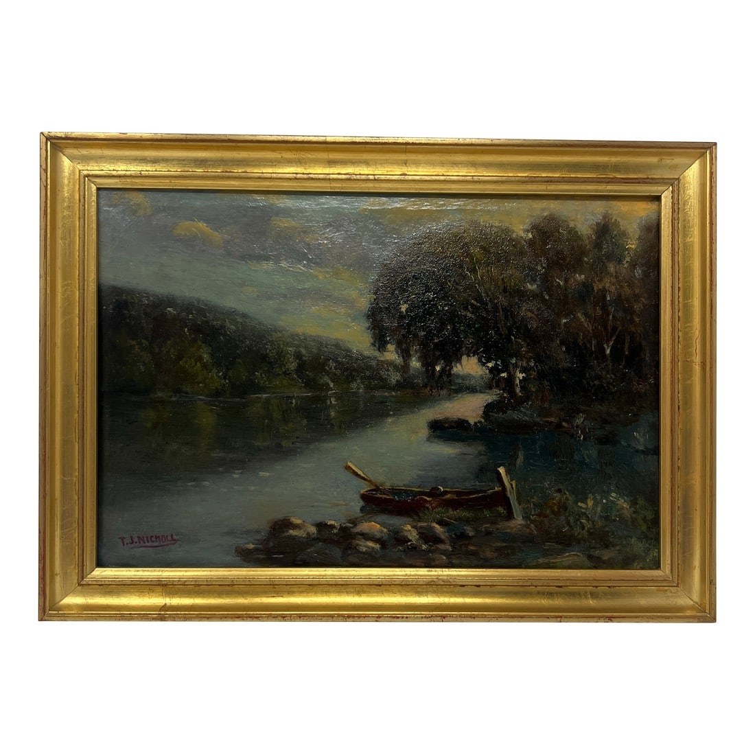 Early 20th Century Tonalist River Landscape Oil Painting by T. J. Nicmoll: An atmospheric early 20th century oil on canvas depicting a tranquil river landscape with a moored boat at the shoreline. Rendered in a muted, tonal palette with soft brushwork, the composition