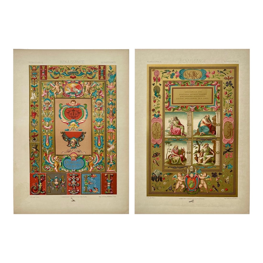 Renaissance Illuminated Chromolithograph Prints, "” Set of 2, 1870: Set of 2 Original Renaissance Illuminated Decorative Prints from L'Ornement Polychrome (Polychromatic Ornament), by Albert Charles Auguste Racinet, published circa 1870. Unframed. Dimensions: 10.5