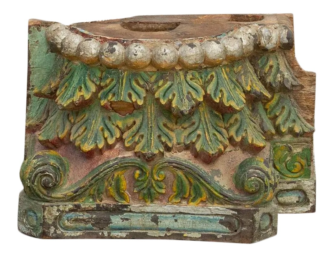 Antique Multi-Color Acanthus Leaf Indian Carved Base: Carved from solid teak wood, this one of a kind Indian carved capital features a double layer acanthus leaf design with multicolor painted finish. This large antique Indian base has its original