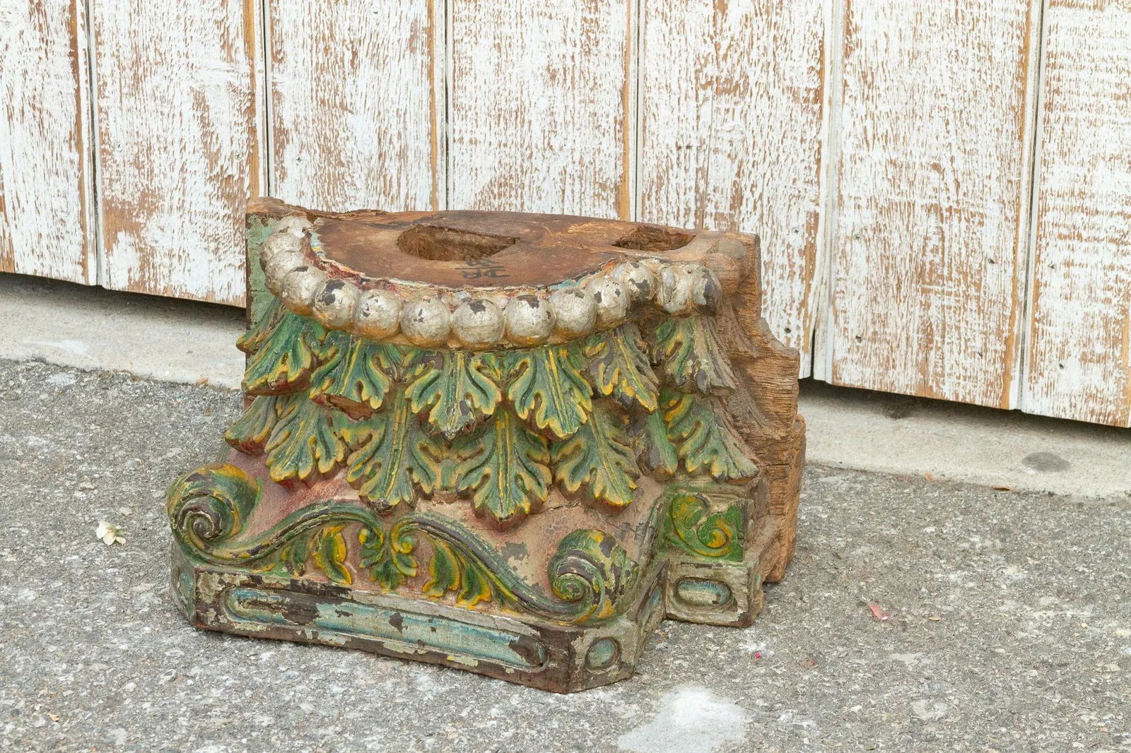 Antique Multi-Color Acanthus Leaf Indian Carved Base - 6