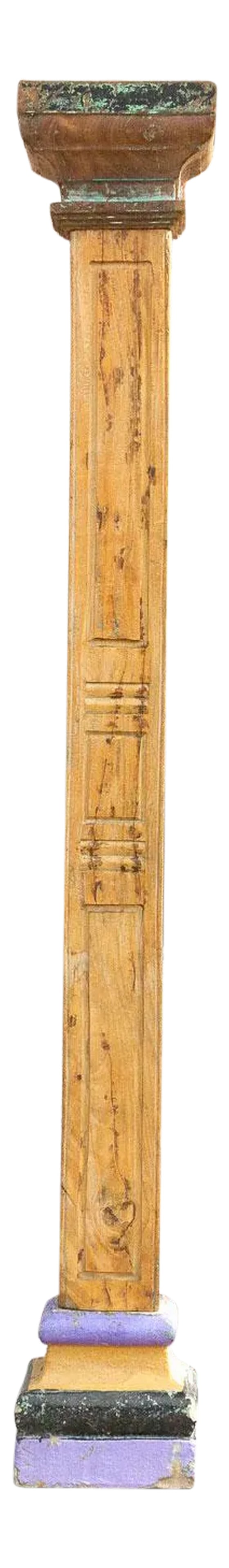 Oxidized Teak and Painted Stone Base Antique Indian Column: Magnificent 19th century British colonial complete teak column with a painted stone base and carved teak capital. This antique Indian column has a natural oxidized finish with original paint traces