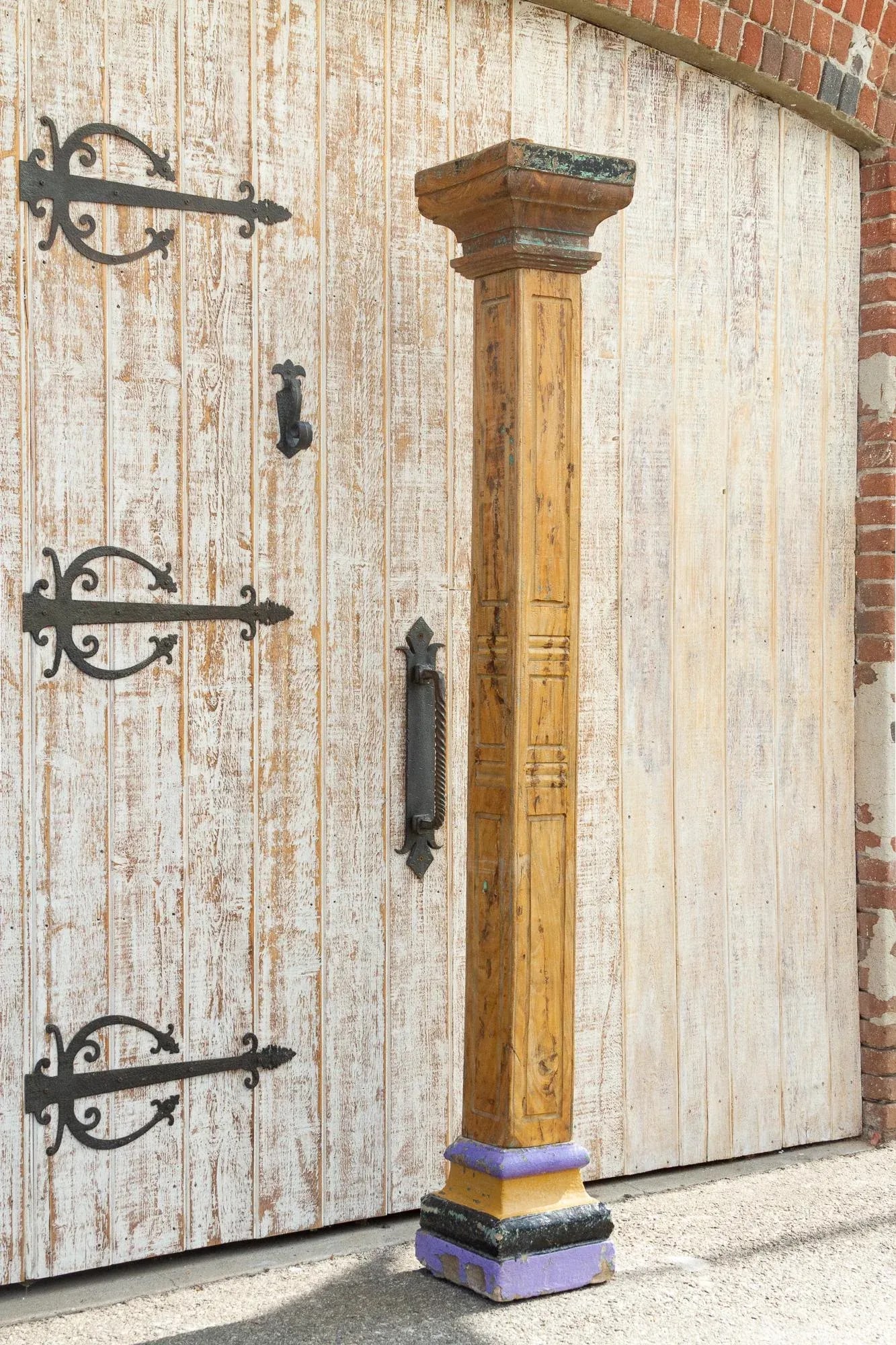 Oxidized Teak and Painted Stone Base Antique Indian Column - 7