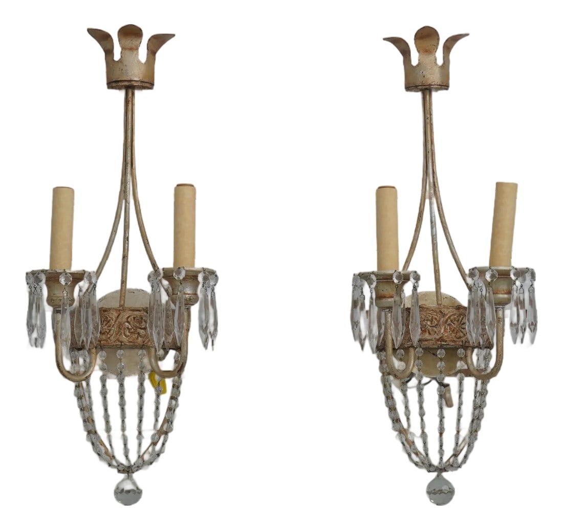 1980s Pair Neopolitan Style Crystal & Gilt Metal Wall Sconces (1 of 12)