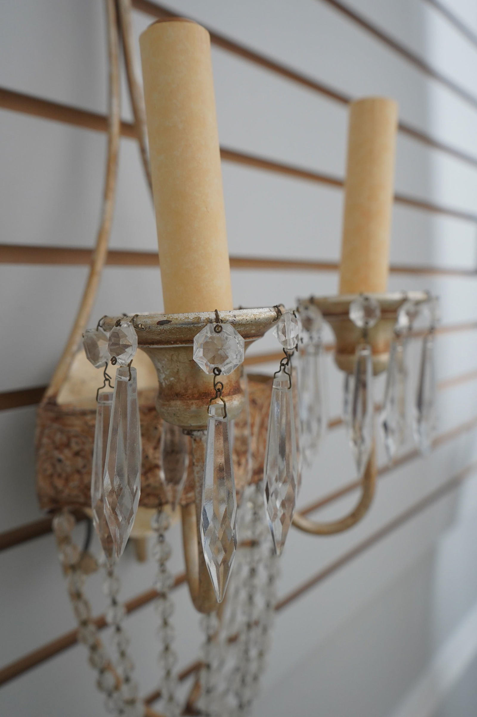 1980s Pair Neopolitan Style Crystal & Gilt Metal Wall Sconces - 6