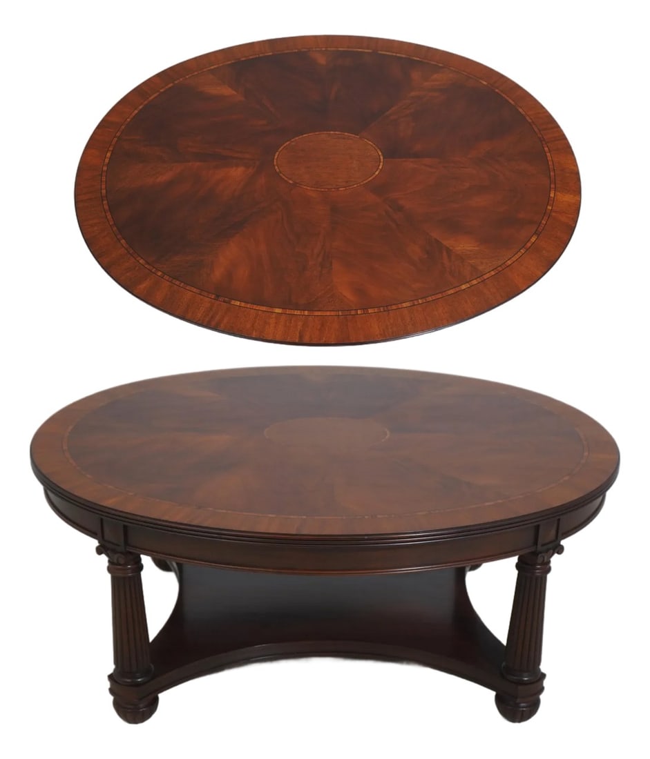 Henkel Harris Model 5249 Mahogany Coffee Table: Age: C.2002 Details: Finish no.29 Model 5249 High Quality Construction Traditional Style Gorgeous Figural Mahogany Top Offered @ Fraction Original Retail Cost Condition: Excellent Clean Original