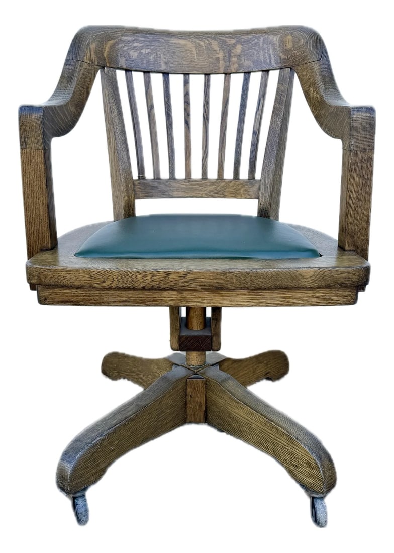 Antique Oak Bankers Chair With Hunters Green Seat: Antique oak bankers chair. On wheels it is adjustable up three different heights. Great solid craftsmanship. In good condition. Condition: Alterations: Original Condition Unaltered