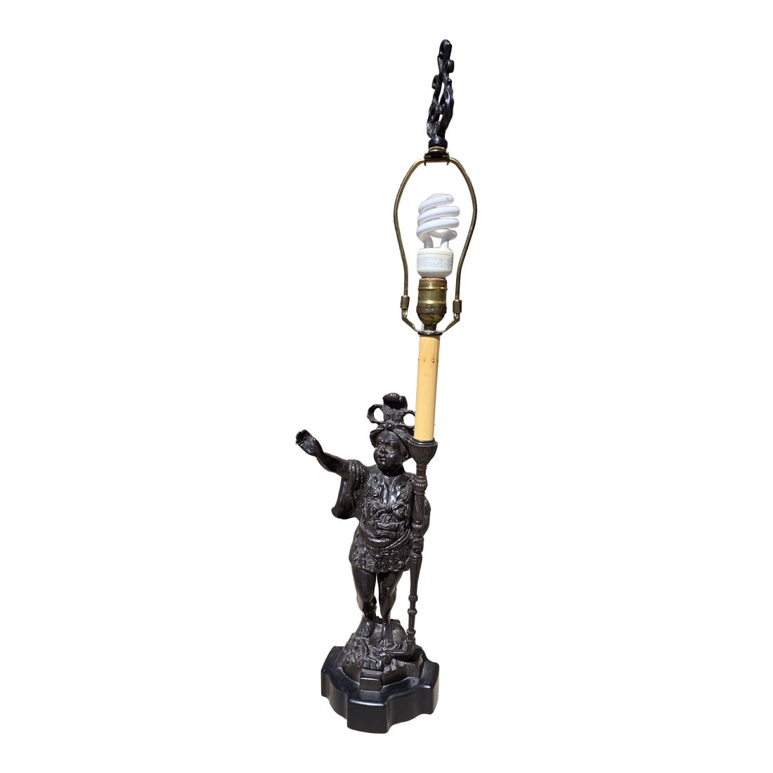 Figural Bronze Patinated Lamp: Charming vintage figure with a torch lamp. This has a bronze like finish on the surface but doesn't appear to be bronze. Condition: Alterations: Original Condition Unaltered Imperfections: Some Imperf