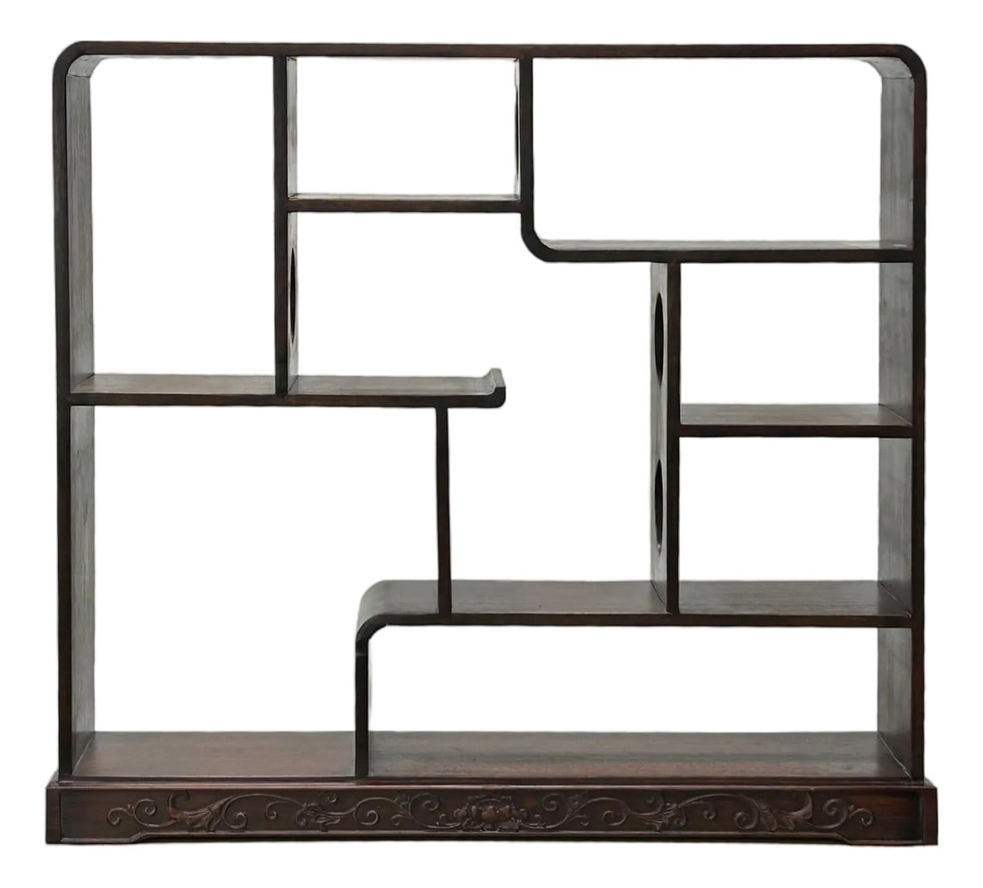 Chinese Brown Stain Wood Rectangular Table Top Display Stand: This elegant tabletop display stand is crafted from rich, dark-stained wood, featuring a sophisticated asymmetrical silhouette inspired by traditional Chinese curio shelves. The rectangular frame is