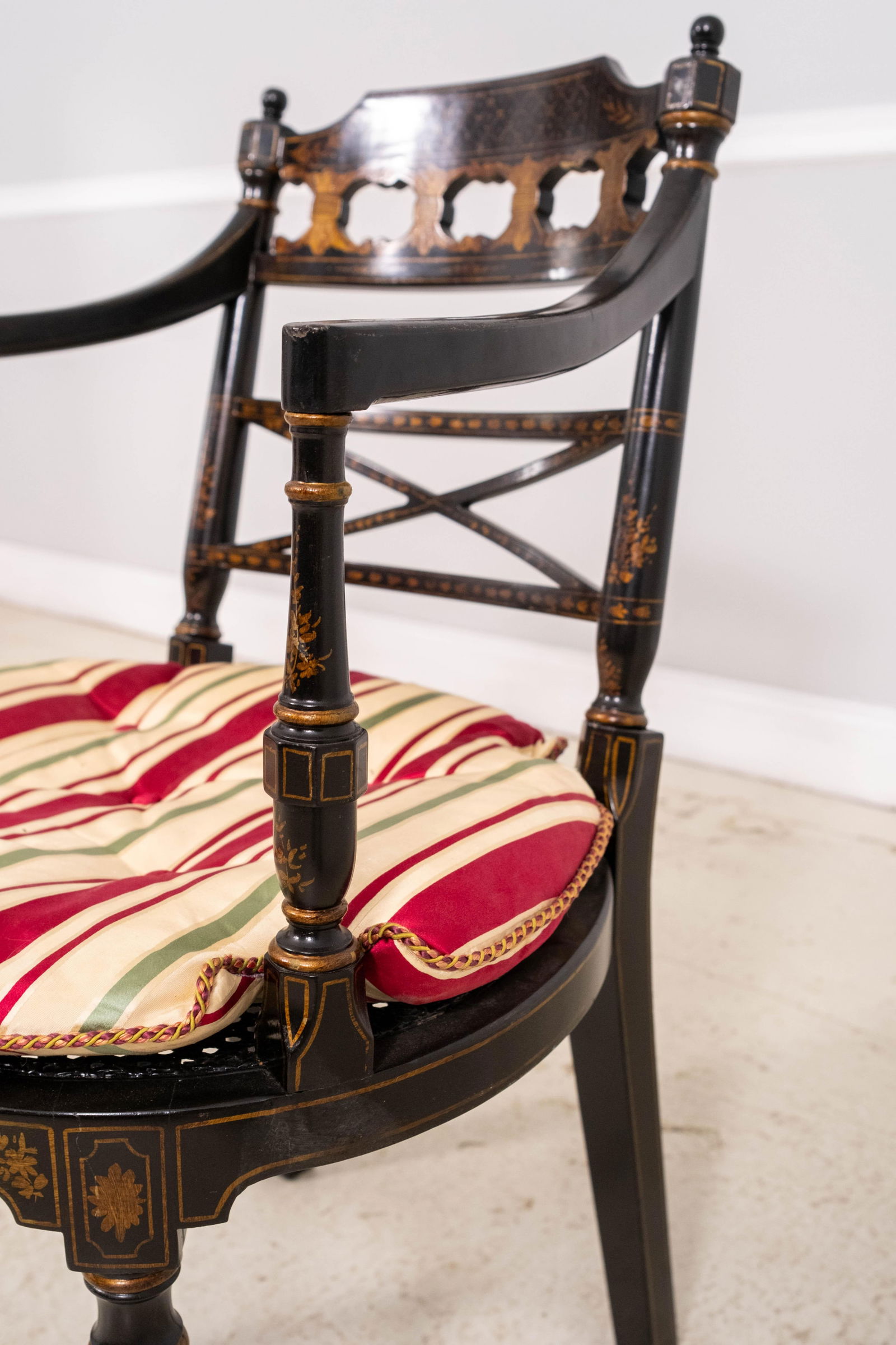 Vintage Regency Style Eglomise & Gilt Cane Seat Armchair - 11