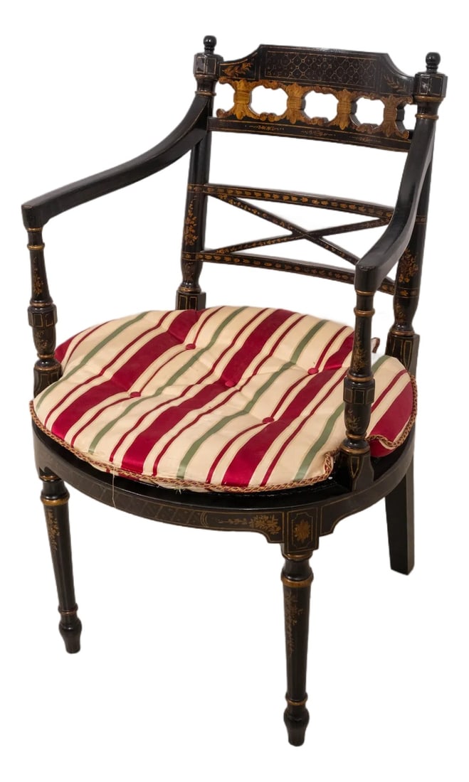 Vintage Regency Style Eglomise & Gilt Cane Seat Armchair: Age: Approx: 40 Years Old Details: High Quality Construction Cross Form Backsplat Un-Marked As To Manufacture Offered @ Fraction Original Retail Cost Condition: Excellent Condition - Minor Signs
