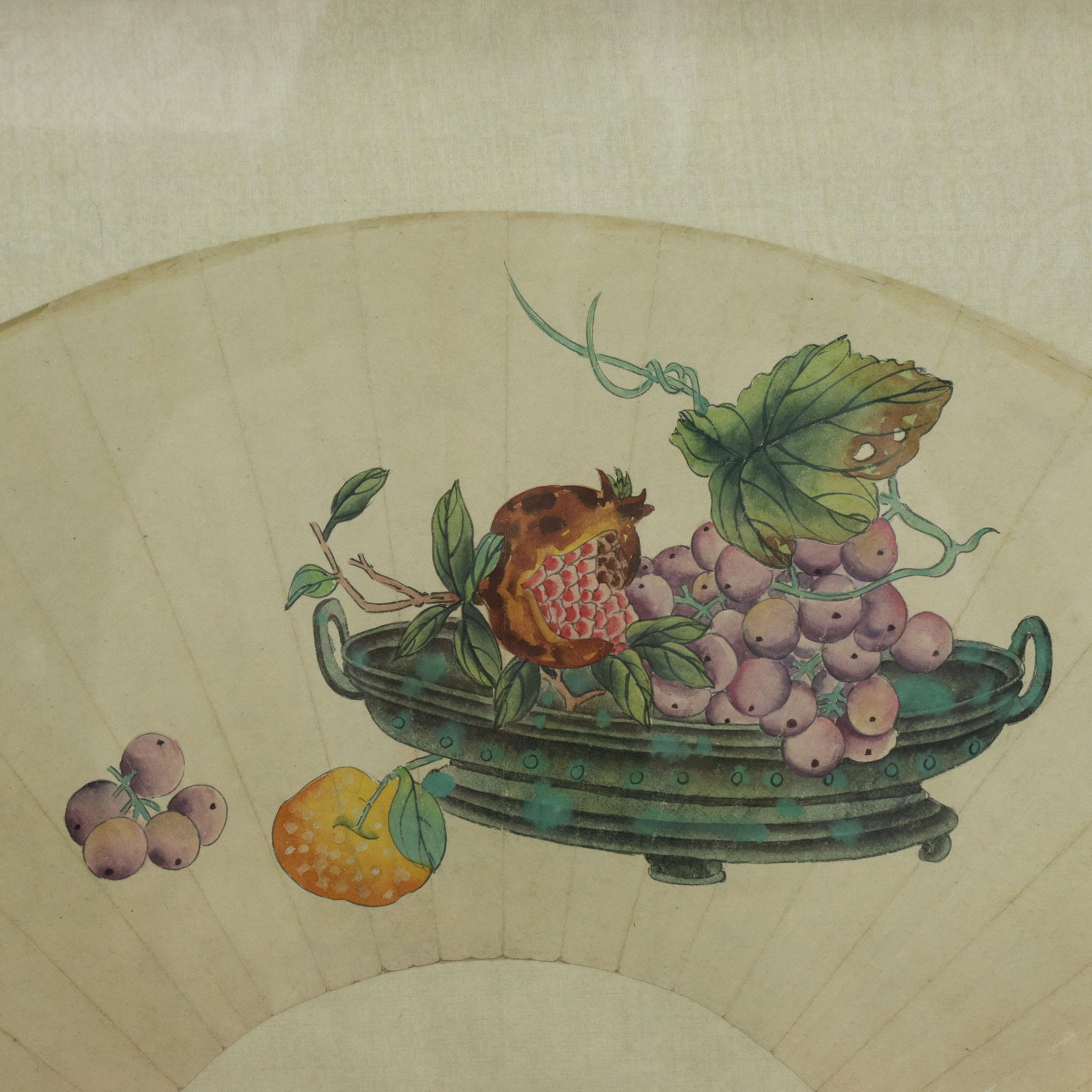 Vintage Chinese Fan Painting Fruit Still Life With Pomegranate and Grapes Framed Ink and Color on Pa - 3