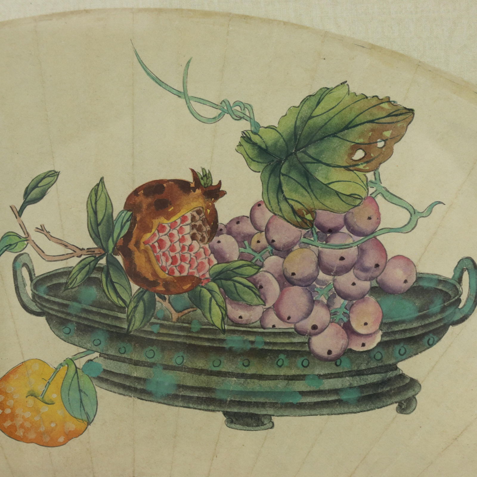 Vintage Chinese Fan Painting Fruit Still Life With Pomegranate and Grapes Framed Ink and Color on Pa - 5